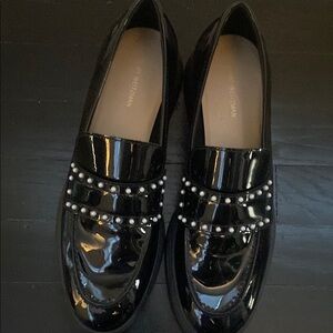 Stuart Weitzman Black Patent Leather Loafers with Pearl Detail